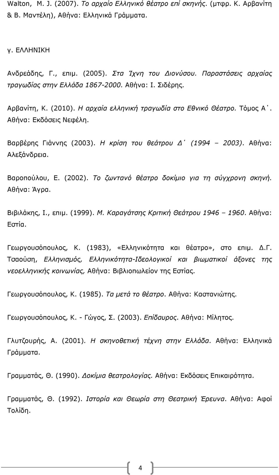 Η κρίση του θεάτρου Δ (1994 2003). Αθήνα: Αλεξάνδρεια. Βαροπούλου, Ε. (2002). Το ζωντανό θέατρο δοκίμιο για τη σύγχρονη σκηνή. Αθήνα: Άγρα. Βιβιλάκης, Ι., επιμ. (1999). Μ.