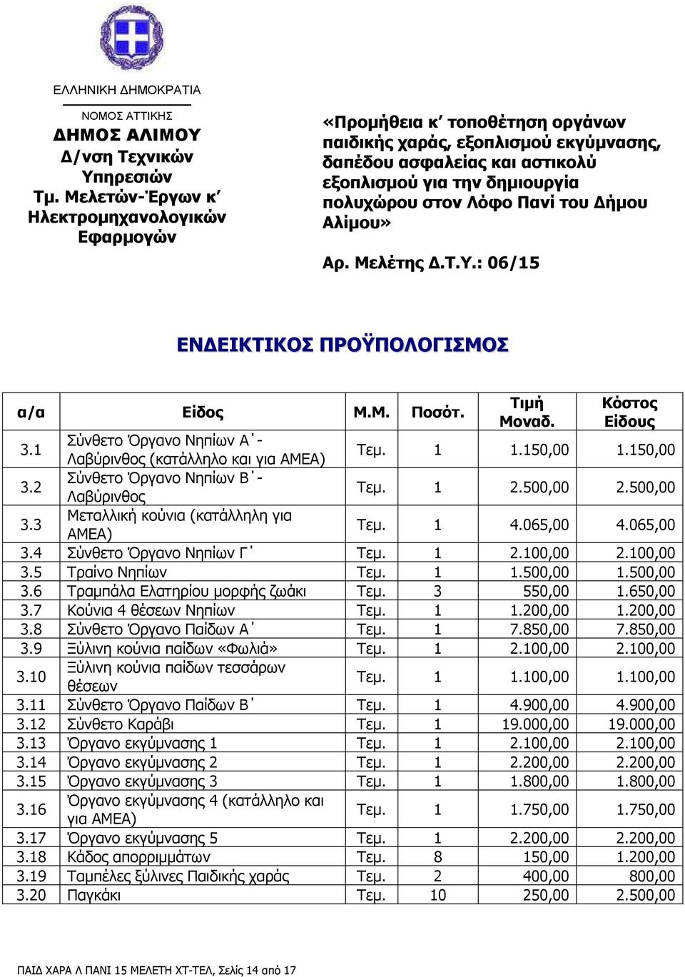 Πανί του ήµου Αλίµου» Αρ. Μελέτης.Τ.Υ.: 06/15 ΕΝ ΕΙΚΤΙΚΟΣ ΠΡΟΫΠΟΛΟΓΙΣΜΟΣ α/α Είδος Μ.Μ. Ποσότ. Τιµή Μοναδ. Κόστος Είδους 3.1 Σύνθετο Όργανο Νηπίων Α - Λαβύρινθος (κατάλληλο και για ΑΜΕΑ) Τεµ. 1 1.