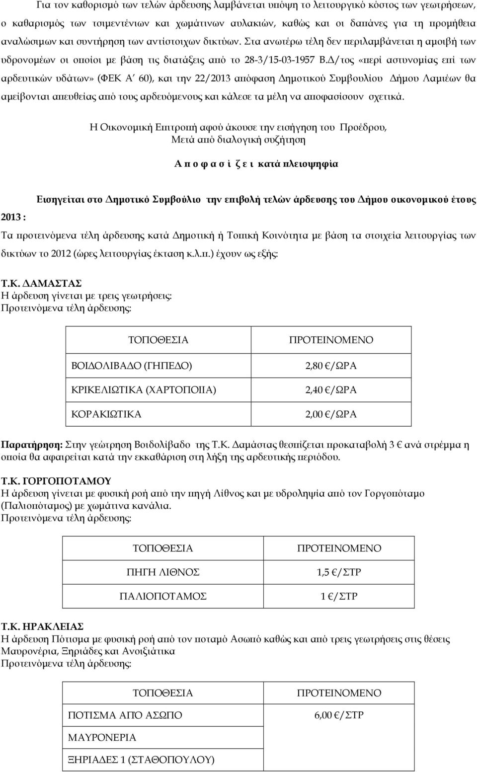 /τος «ερί αστυνοµίας ε ί των αρδευτικών υδάτων» (ΦΕΚ Α 60), και την 22/2013 α όφαση ηµοτικού Συµβουλίου ήµου Λαµιέων θα αµείβονται α ευθείας α ό τους αρδευόµενους και κάλεσε τα µέλη να α οφασίσουν