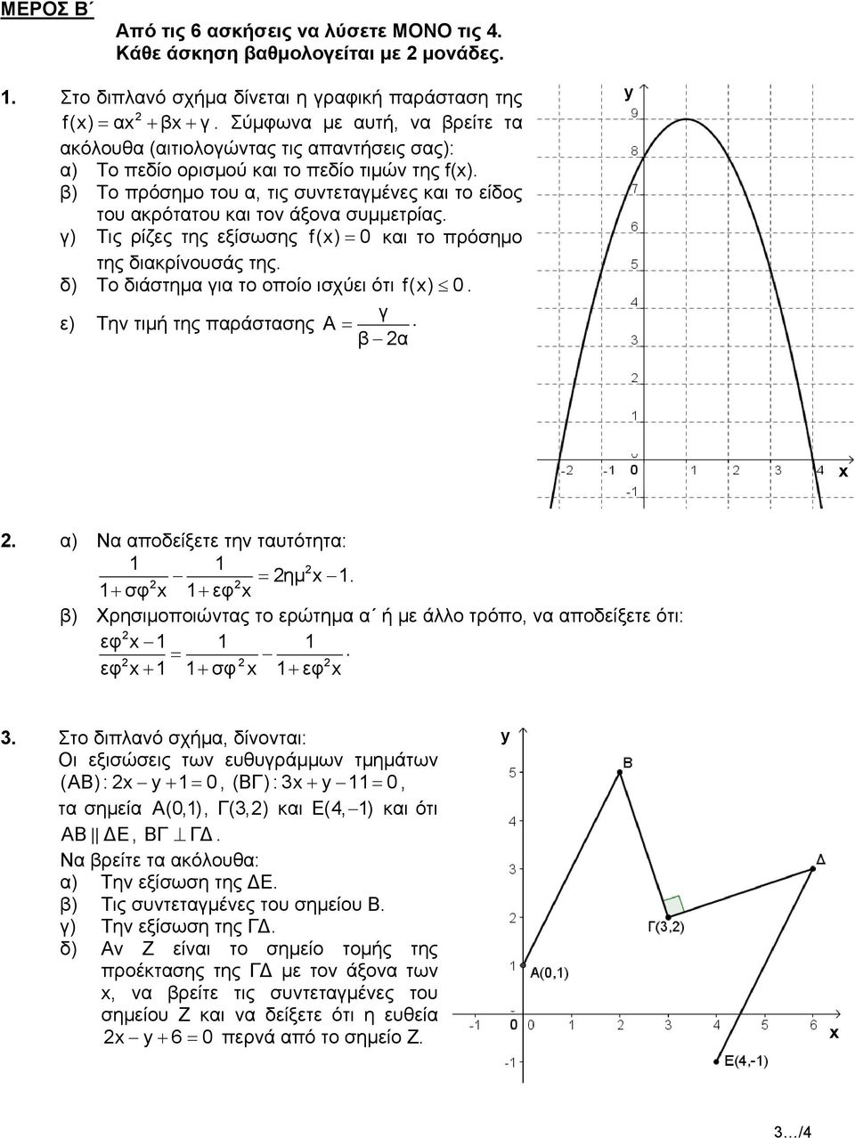 β) Το πρόσημο του α, τις συντεταγμένες και το είδος του ακρότατου και τον άξονα συμμετρίας. γ) Τις ρίζες της εξίσωσης f(x) = 0 και το πρόσημο της διακρίνουσάς της.