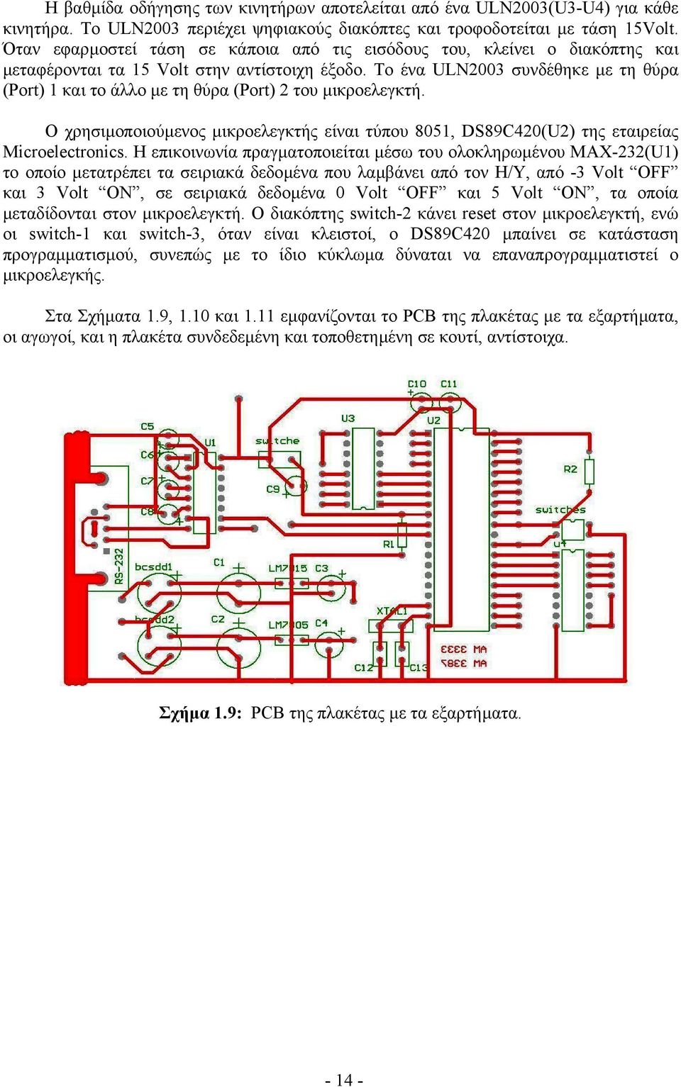 Το ένα ULN2003 συνδέθηκε µε τη θύρα (Port) 1 και το άλλο µε τη θύρα (Port) 2 του µικροελεγκτή. Ο χρησιµοποιούµενος µικροελεγκτής είναι τύπου 8051, DS89C420(U2) της εταιρείας Microelectronics.