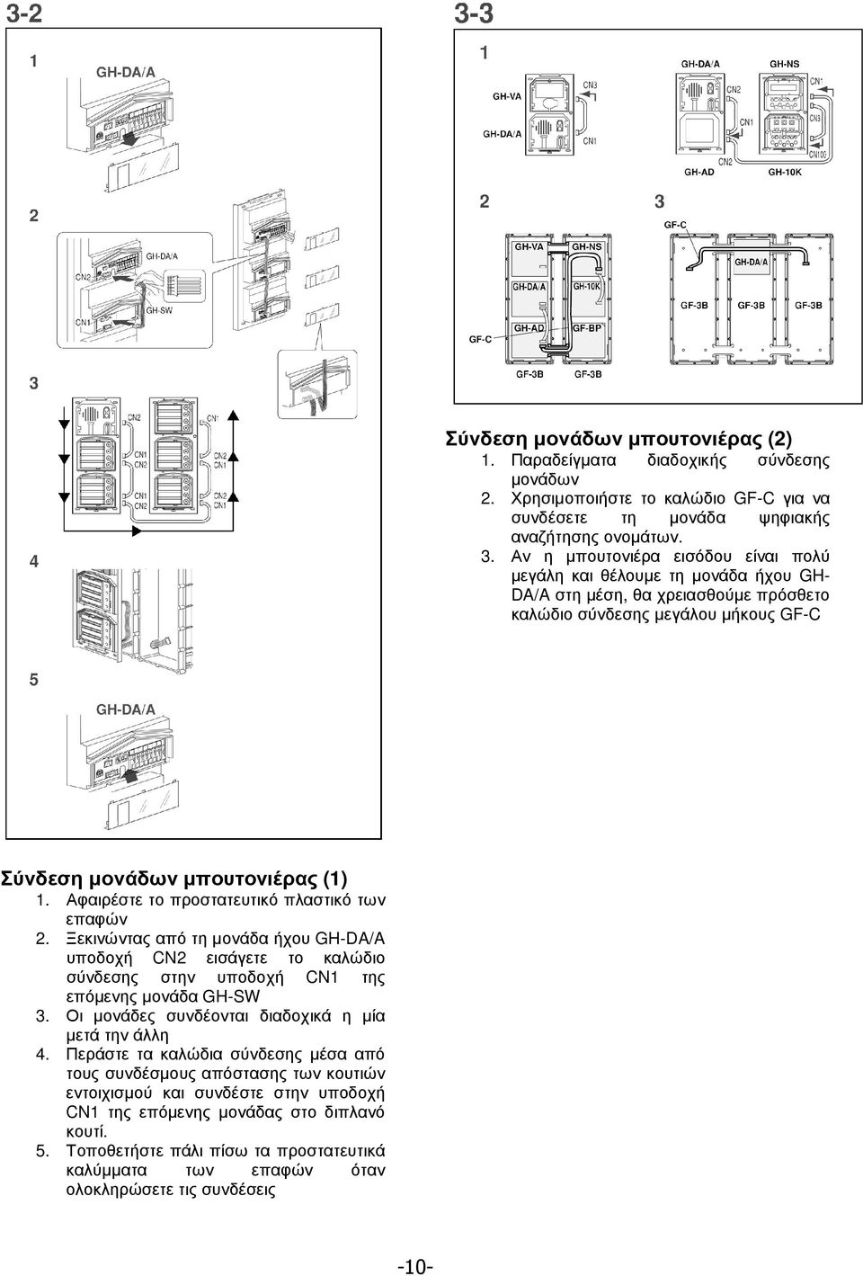 Αφαιρέστε το προστατευτικό πλαστικό των επαφών 2. Ξεκινώντας από τη µονάδα ήχου GH-DA/A υποδοχή CN2 εισάγετε το καλώδιο σύνδεσης στην υποδοχή CN1 της επόµενης µονάδα GH-SW 3.