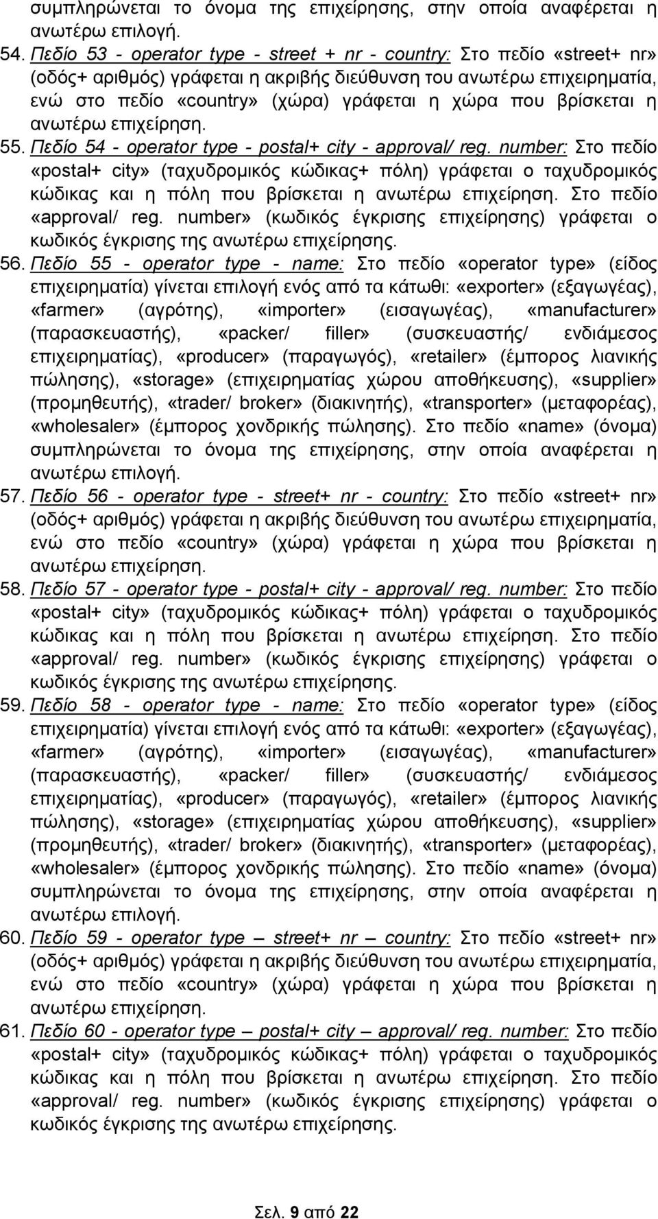 βρίσκεται η ανωτέρω επιχείρηση. 55. Πεδίο 54 - operator type - postal+ city - approval/ reg.