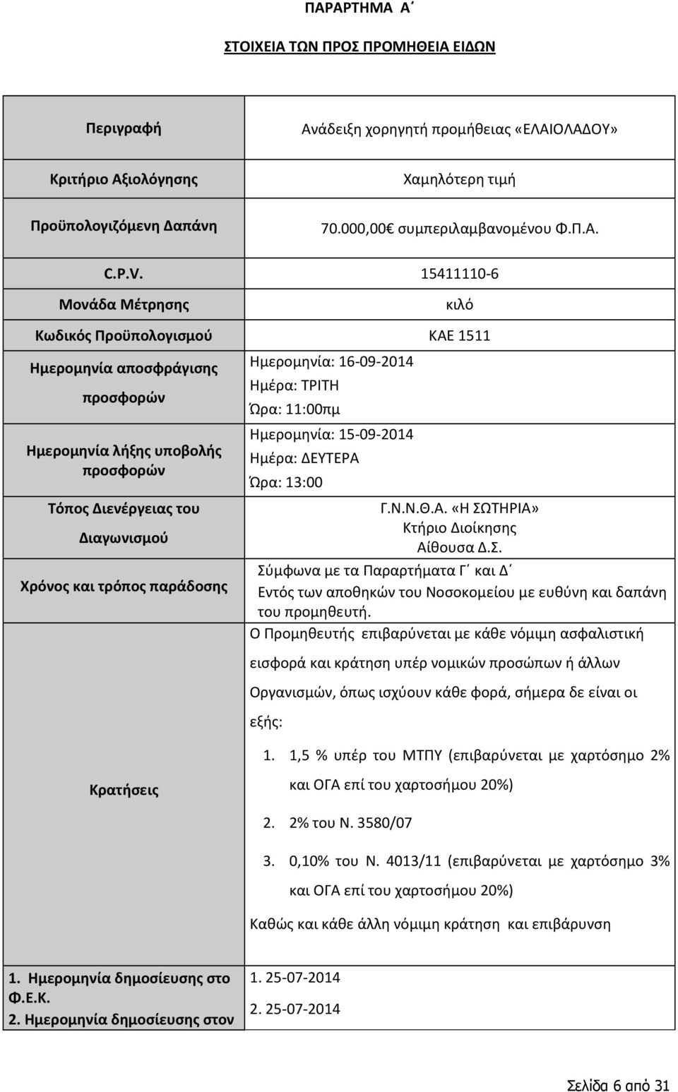 Ημερομηνία: 16-09-2014 Ημέρα: ΤΡΙΤΗ Ώρα: 11:00πμ Ημερομηνία: 15-09-2014 Ημέρα: ΔΕΥΤΕΡΑ Ώρα: 13:00 Γ.Ν.Ν.Θ.Α. «Η ΣΩ