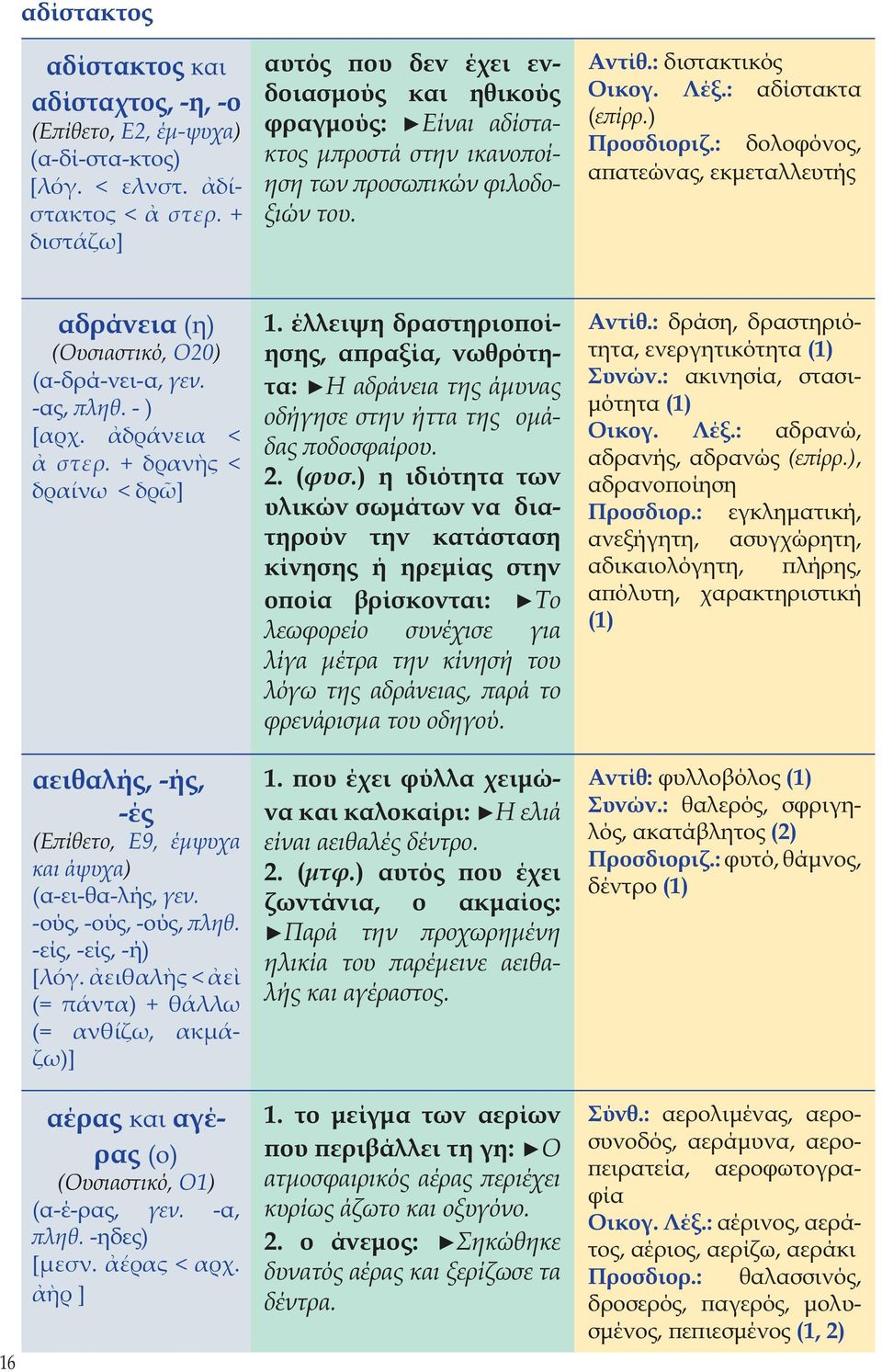 : δολοφόνος, απατεώνας, εκμεταλλευτής αδράνεια (η) (Ουσιαστικό, Ο20) (α-δρά-νει-α, γεν. -ας, πληθ. - ) [αρχ. δράνεια < στερ.