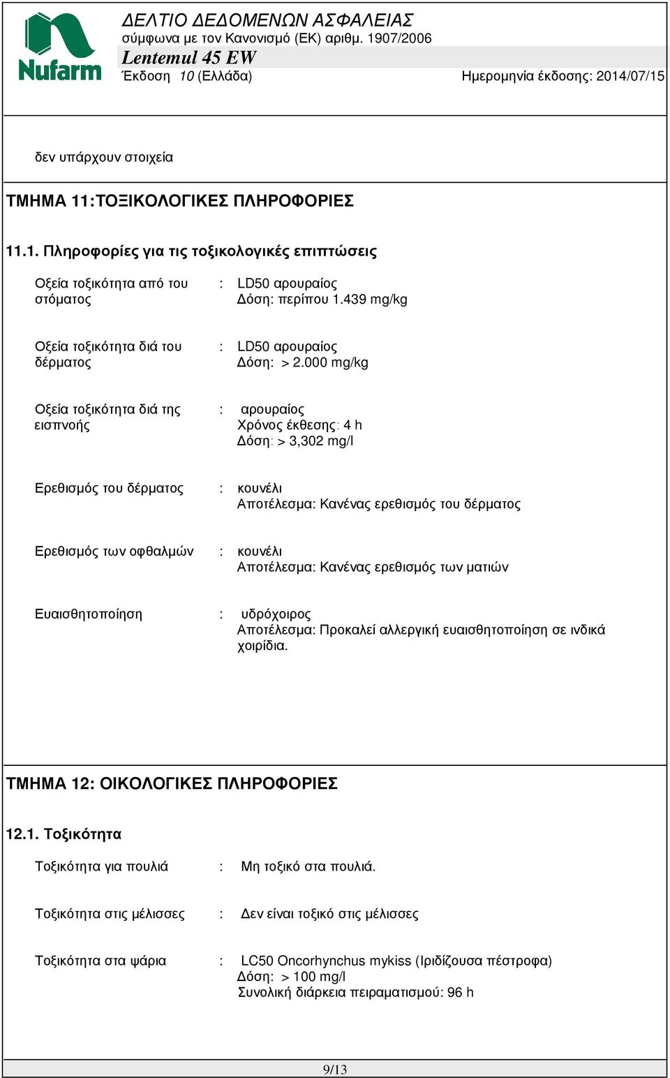 000 mg/kg Οξεία τοξικότητα διά της εισπνοής : αρουραίος Χρόνος έκθεσης: 4 h όση: > 3,302 mg/l Ερεθισµός του δέρµατος : κουνέλι Αποτέλεσµα: Κανένας ερεθισµός του δέρµατος Ερεθισµός των οφθαλµών :