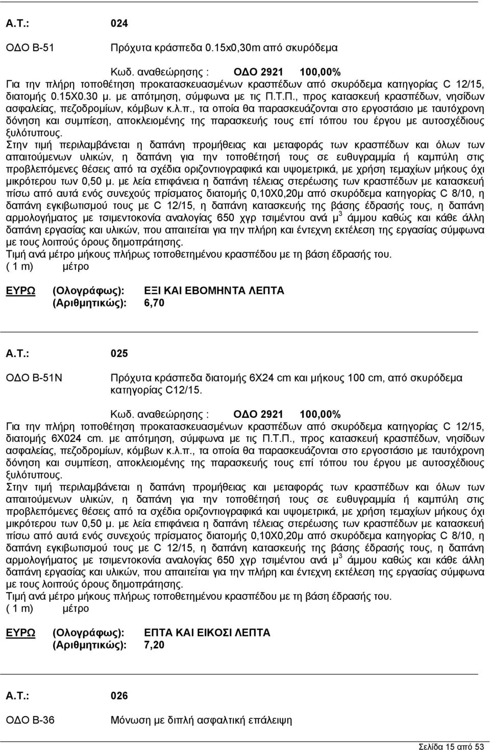 Στην τιμή περιλαμβάνεται η δαπάνη προμήθειας και μεταφοράς των κρασπέδων και όλων των απαιτούμενων υλικών, η δαπάνη για την τοποθέτησή τους σε ευθυγραμμία ή καμπύλη στις προβλεπόμενες θέσεις από τα