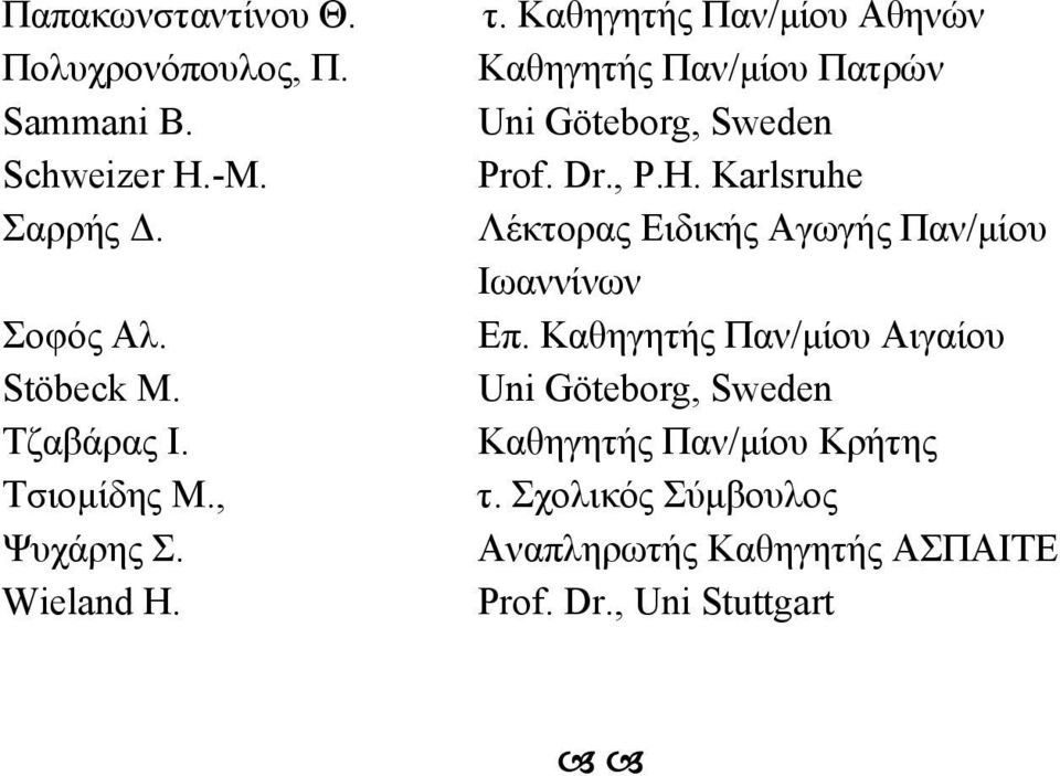 Καθηγητής Παν/μίου Αθηνών Καθηγητής Παν/μίου Πατρών Uni Göteborg, Sweden Prof. Dr., P.H.