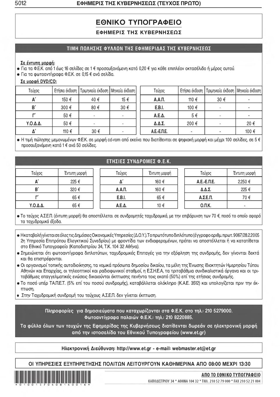 Δ. 50 - - Δ' 110 30 - Τεύχος Ετήσια έκδοση Τριμηνιαία έκδοση Μηνιαία έκδοση Α.Α.Π. 110 30 - Ε.Β.Ι. 100 - - Α.Ε.Δ. 5 - - Δ.Δ.Σ. 200-20 Α.Ε.-Ε.Π.Ε. - - 100 Η τιμή πώλησης μεμονωμένων Φ.Ε.Κ.