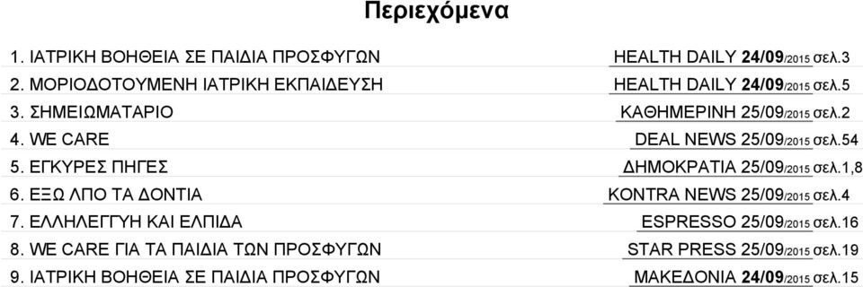 ΙΑΤΡΙΚΗ ΒΟΗΘΕΙΑ ΣΕ ΠΑΙΔΙΑ ΠΡΟΣΦΥΓΩΝ HEALTH DAILY 24/09/2015 σελ.3 HEALTH DAILY 24/09/2015 σελ.5 ΚΑΘΗΜΕΡΙΝΗ 25/09/2015 σελ.