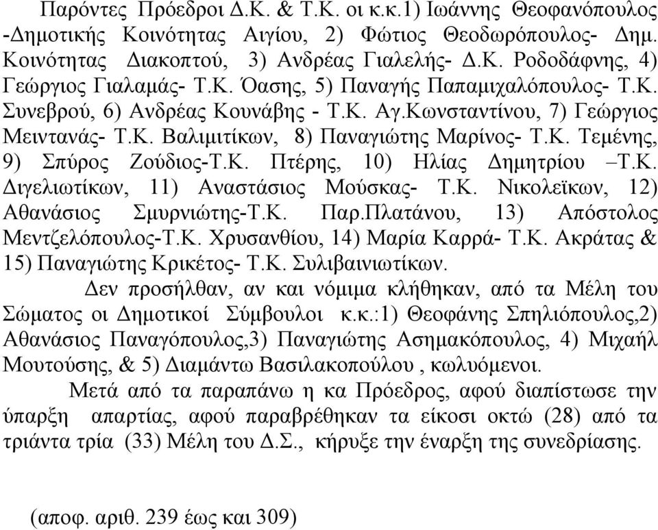 Κ. Διγελιωτίκων, 11) Αναστάσιος Μούσκας- Τ.Κ. Νικολεϊκων, 12) Αθανάσιος Σμυρνιώτης-Τ.Κ. Παρ.Πλατάνου, 13) Απόστολος Μεντζελόπουλος-Τ.Κ. Χρυσανθίου, 14) Μαρία Καρρά- Τ.Κ. Ακράτας & 15) Παναγιώτης Κρικέτος- Τ.