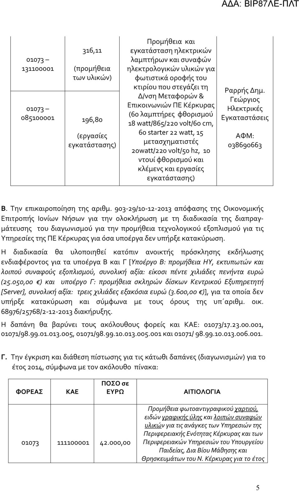 και εργασίες εγκατάστασης) Ραρρής Δημ. Γεώργιος Ηλεκτρικές Εγκαταστάσεις ΑΦΜ: 038690663 Β. Την επικαιροποίηση της αριθμ.