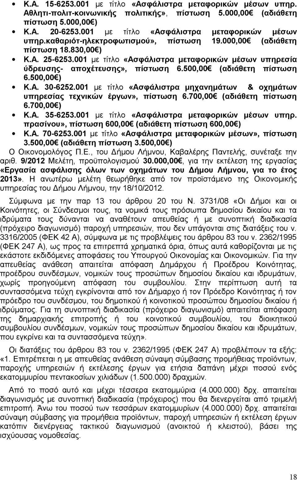 001 με τίτλο «Ασφάλιστρα μεταφορικών μέσων υπηρεσία ύδρευσης- αποχέτευσης», πίστωση 6.500,00 (αδιάθετη πίστωση 6.500,00 ) Κ.Α. 30-6252.