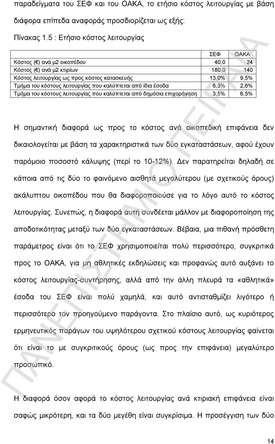 που καλύπτεται από ίδια έσοδα 6,3% 2,6% Τμήμα του κόστους λειτουργίας που καλύπτεται από δημόσια επιχορήγηση 3,5% 6,5% Η σημαντική διαφορά ως προς το κόστος ανά οικοπεδική επιφάνεια δεν