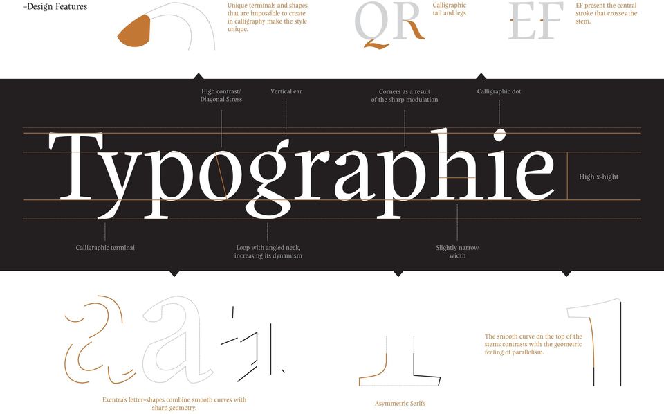 High contrast/ Diagonal Stress Vertical ear Corners as a result of the sharp modulation Calligraphic dot Typographie High x-hight Calligraphic