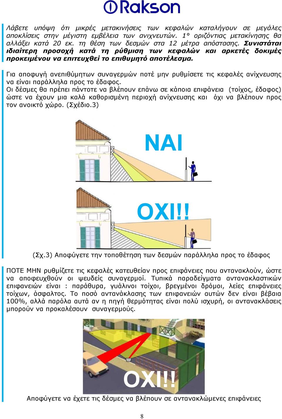 Για αποφυγή ανεπιθύμητων συναγερμών ποτέ μην ρυθμίσετε τις κεφαλές ανίχνευσης να είναι παράλληλα προς το έδαφος.