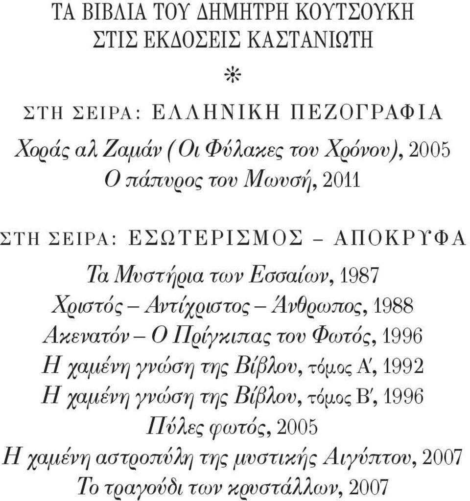 Εσσαίων, 1987 Χριστός Αντίχριστος Άνθρωπος, 1988 Ακενατόν Ο Πρίγκιπας του Φωτός, 1996 Η χαμένη γνώση της Βίβλου, τόμος Α, 1992 Η