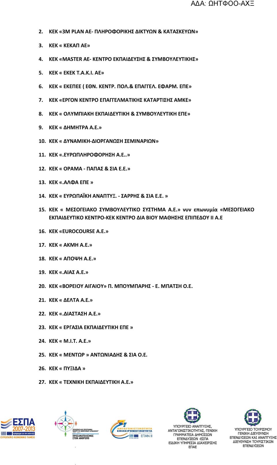 «ΟΡΑΜΑ - ΠΑΠΑΣ & ΣΙΑ ΕΕ» 13 ΚΕΚ «ΑΛΦΑ ΕΠΕ» 14 ΚΕΚ «ΕΥΡΩΠΑΪΚΗ ΑΝΑΠΤΥΞ - ΣΑΡΡΗΣ & ΣΙΑ ΕΕ» 15 ΚΕΚ «ΜΕΣΟΓΕΙΑΚΟ ΣΥΜΒΟΥΛΕΥΤΙΚΟ ΣΥΣΤΗΜΑ ΑΕ» νυν επωνυμία «ΜΕΣΟΓΕΙΑΚΟ ΕΚΠΑΙΔΕΥΤΙΚΟ ΚΕΝΤΡΟ-ΚΕΚ ΚΕΝΤΡΟ ΔΙΑ ΒΙΟΥ