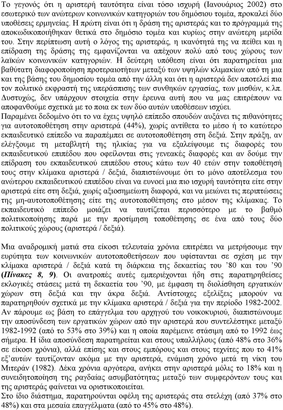 Στην περίπτωση αυτή ο λόγος της αριστεράς, η ικανότητά της να πείθει και η επίδραση της δράσης της εμφανίζονται να απέχουν πολύ από τους χώρους των λαϊκών κοινωνικών κατηγοριών.