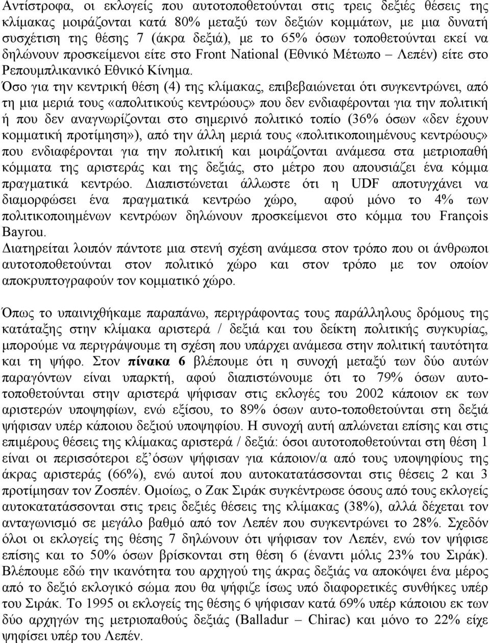 Όσο για την κεντρική θέση (4) της κλίμακας, επιβεβαιώνεται ότι συγκεντρώνει, από τη μια μεριά τους «απολιτικούς κεντρώους» που δεν ενδιαφέρονται για την πολιτική ή που δεν αναγνωρίζονται στο σημερινό