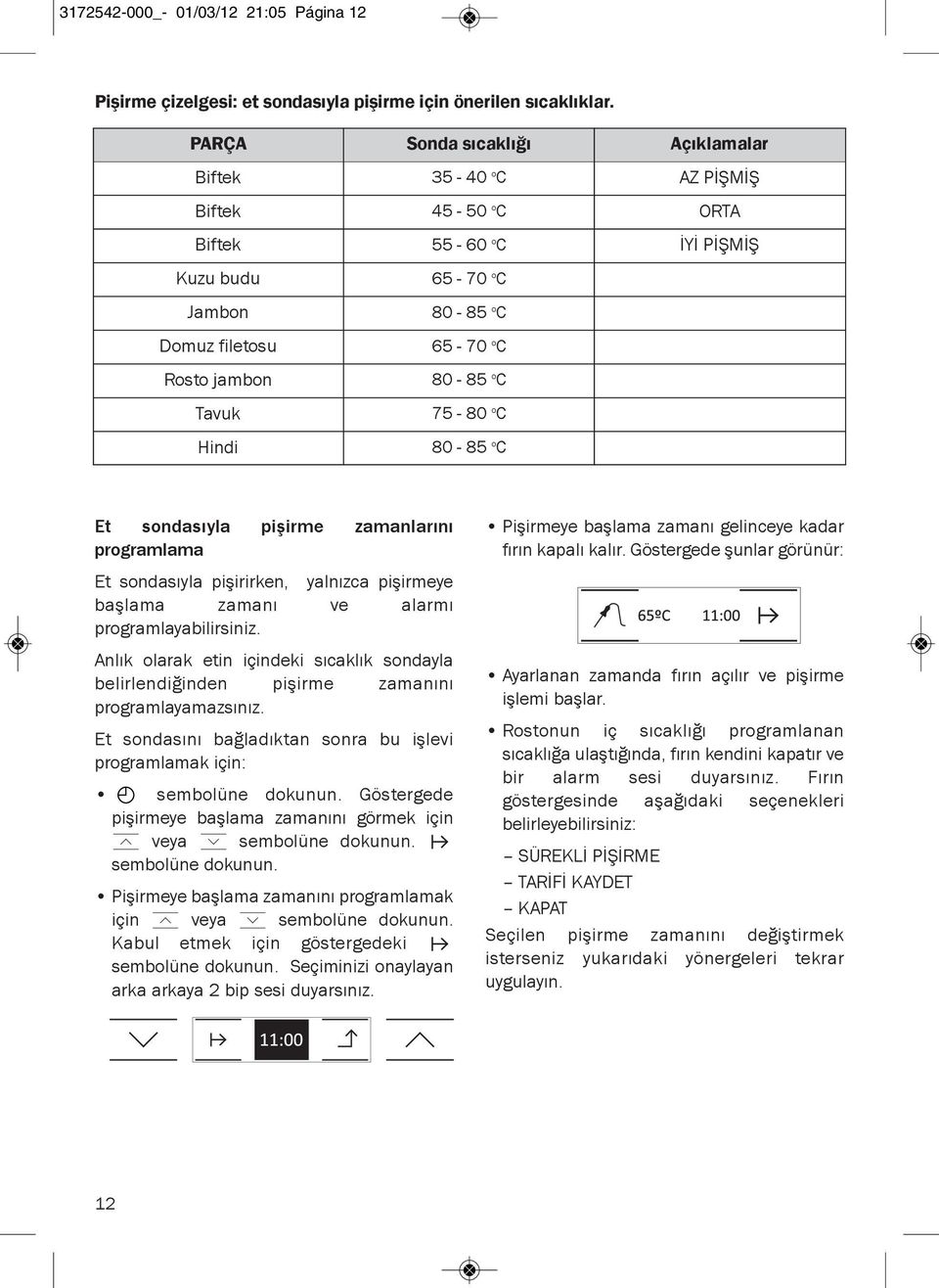 Tavuk 75-80 o C Hindi 80-85 o C Et sondasıyla pişirme zamanlarını programlama Et sondasıyla pişirirken, yalnızca pişirmeye başlama zamanı ve alarmı programlayabilirsiniz.