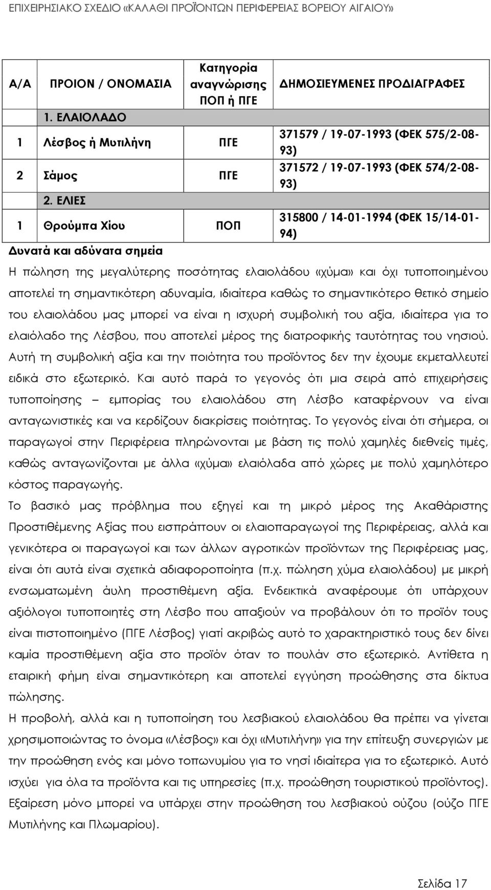 πώληση της µεγαλύτερης ποσότητας ελαιολάδου «χύµα» και όχι τυποποιηµένου αποτελεί τη σηµαντικότερη αδυναµία, ιδιαίτερα καθώς το σηµαντικότερο θετικό σηµείο του ελαιολάδου µας µπορεί να είναι η ισχυρή