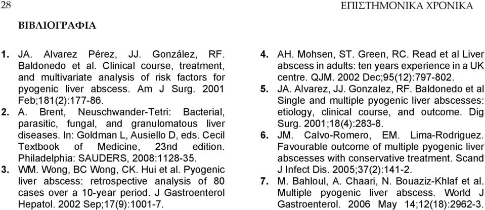 Cecil Textbook of Medicine, 23nd edition. Philadelphia: SAUDERS, 2008:1128-35. 3. WM. Wong, BC Wong, CK. Hui et al. Pyogenic liver abscess: retrospective analysis of 80 cases over a 10-year period.