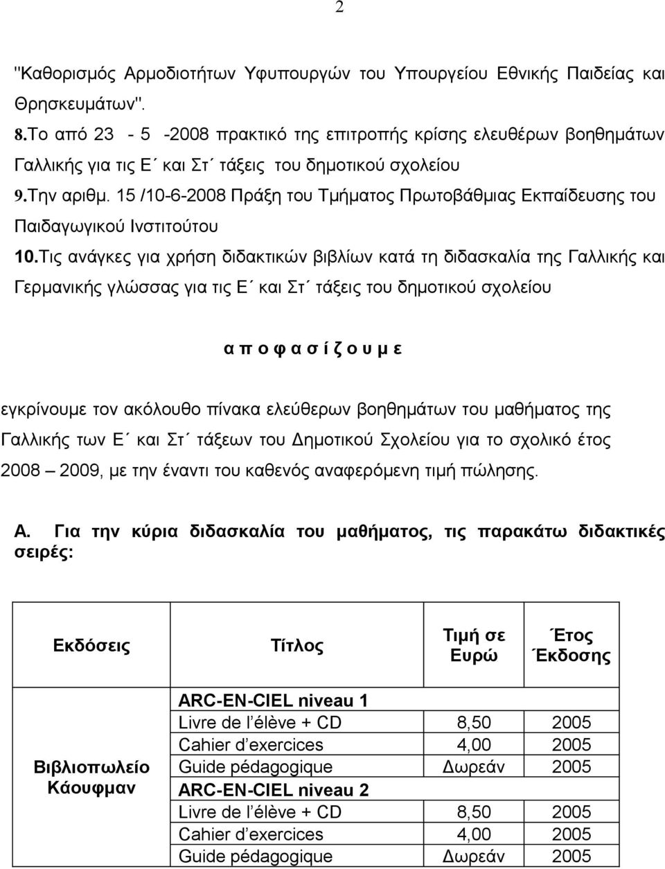 15 /10-6-2008 Πράξη του Τμήματος Πρωτοβάθμιας Εκπαίδευσης του Παιδαγωγικού Ινστιτούτου 10.