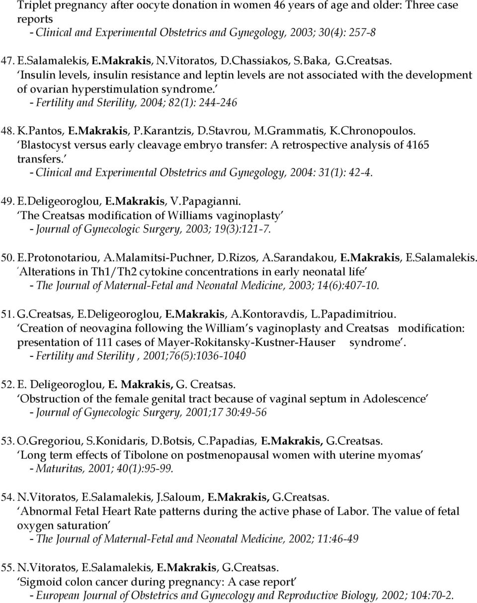 - Fertility and Sterility, 2004; 82(1): 244-246 48. K.Pantos, E.Makrakis, P.Karantzis, D.Stavrou, M.Grammatis, K.Chronopoulos.