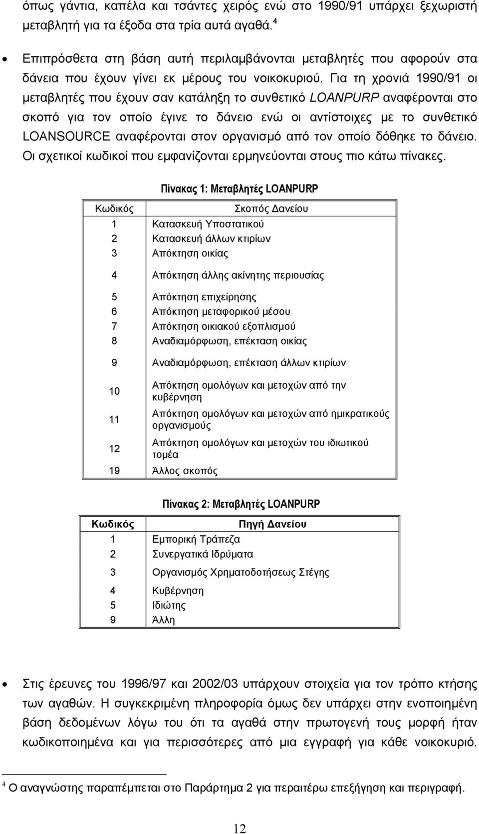 Για τη χρονιά 1990/91 οι µεταβλητές που έχουν σαν κατάληξη το συνθετικό LOANPURP αναφέρονται στο σκοπό για τον οποίο έγινε το δάνειο ενώ οι αντίστοιχες µε το συνθετικό LOANSOURCE αναφέρονται στον