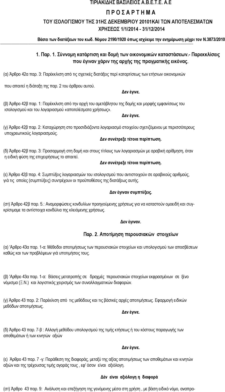 (α) Άρθρο 42α παρ. 3: Παρέκκλιση από τις σχετικές διατάξεις περί καταρτίσεως των ετήσιων οικονομικών που απαιτεί η διάταξη της παρ. 2 του άρθρου αυτού. (β) Άρθρο 42β παρ.