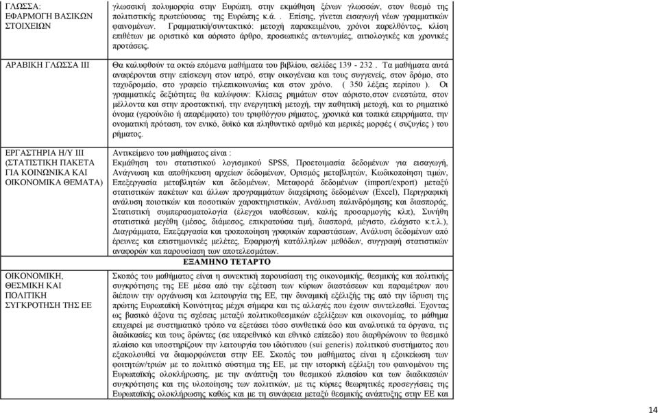 Γραμματική/συντακτικό: μετοχή παρακειμένου, χρόνοι παρελθόντος, κλίση επιθέτων με οριστικό και αόριστο άρθρο, προσωπικές αντωνυμίες, αιτιολογικές και χρονικές προτάσεις.