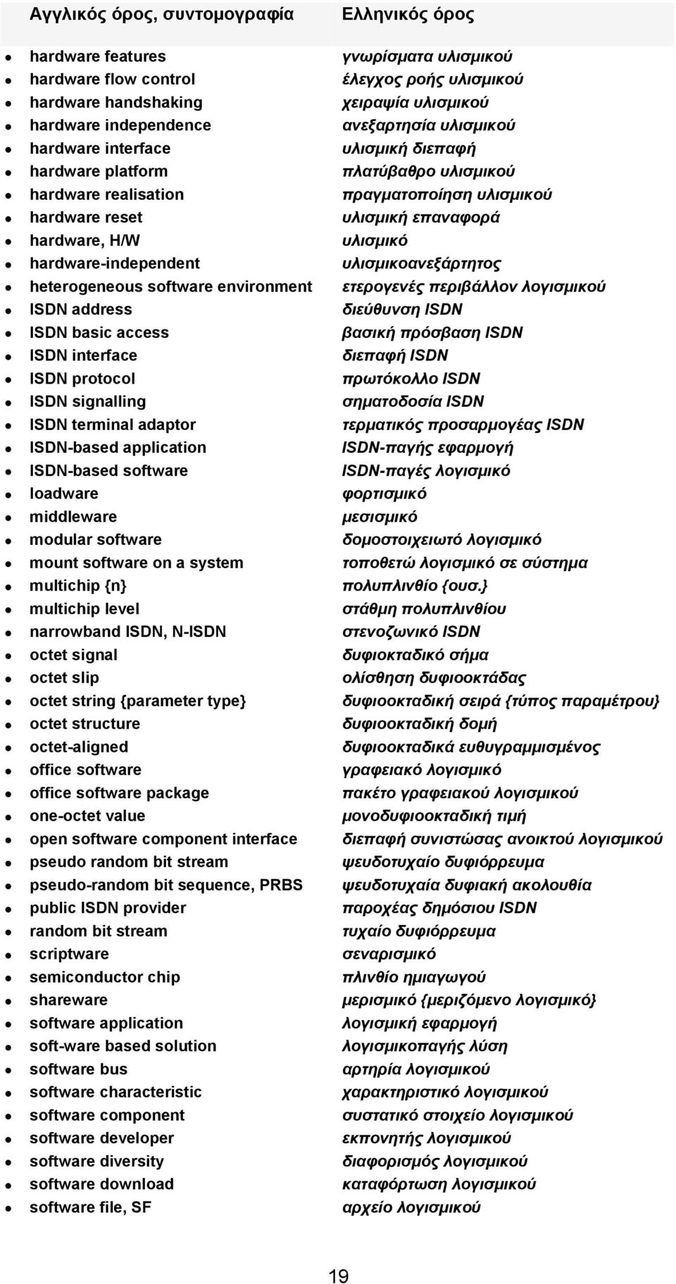 hardware-independent υλισμικοανεξάρτητος heterogeneous software environment ετερογενές περιβάλλον λογισμικού ISDN address διεύθυνση ISDN ISDN basic access βασική πρόσβαση ISDN ISDN interface διεπαφή