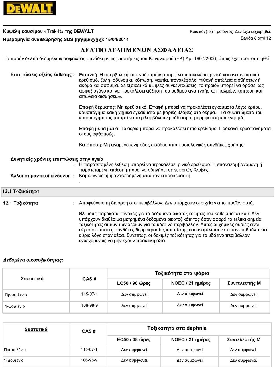 να προκαλέσει αύξηση του ρυθμού αναπνοής και παλμών, κόπωση και απώλεια αισθήσεων Επαφή δέρματος Μη ερεθιστικό Επαφή μπορεί να προκαλέσει εγκαύματα λόγω κρύου, κρυοπάγημα και/ή χημικά εγκαύματα με