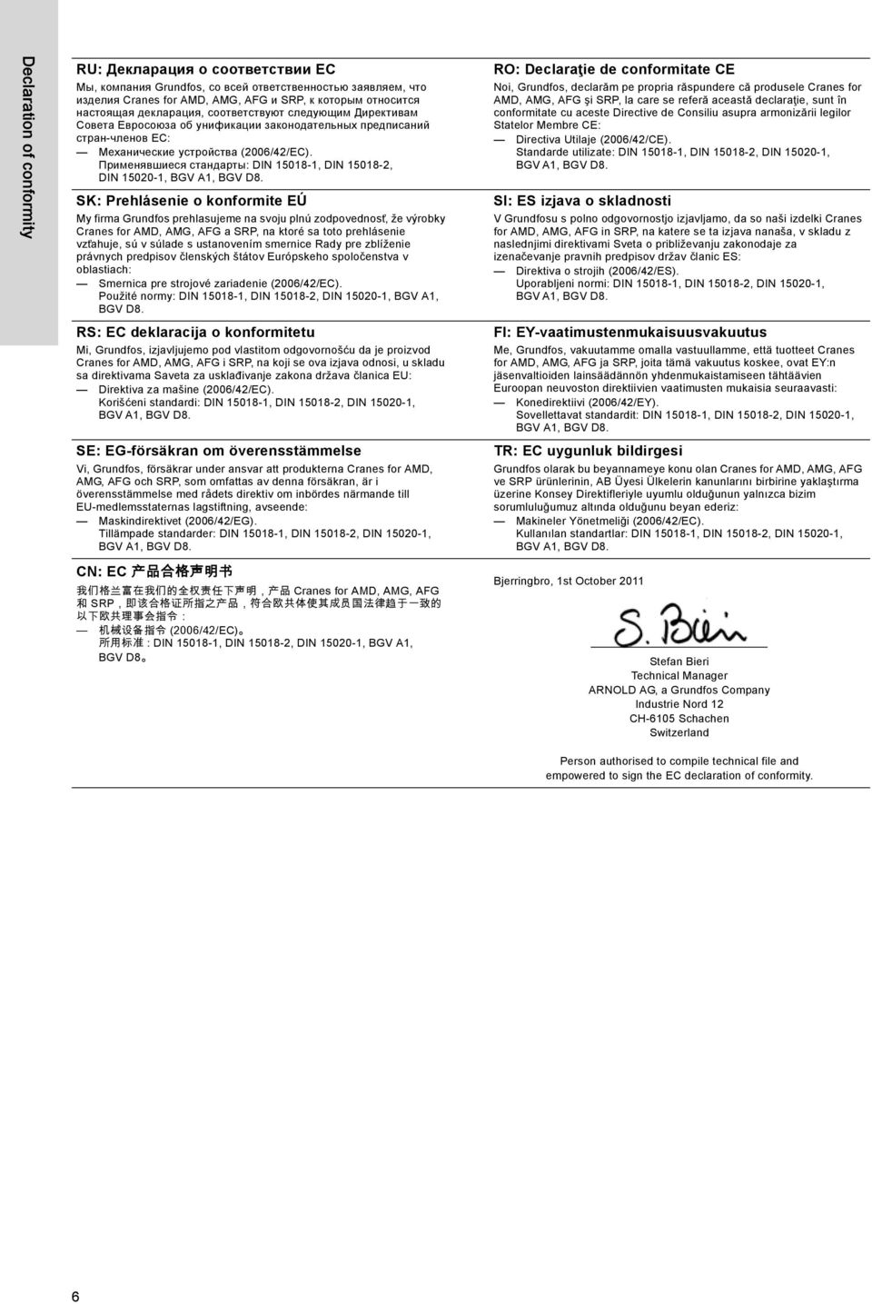 Применявшиеся стандарты: DIN 15018-1, DIN 15018-2, DIN 15020-1, SK: Prehlásenie o konformite EÚ My firma Grundfos prehlasujeme na svoju plnú zodpovednost, že výrobky Cranes for AMD, AMG, AFG a SRP,