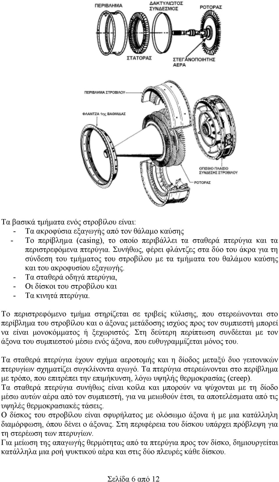 - Τα σταθερά οδηγά πτερύγια, - Οι δίσκοι του στροβίλου και - Τα κινητά πτερύγια.