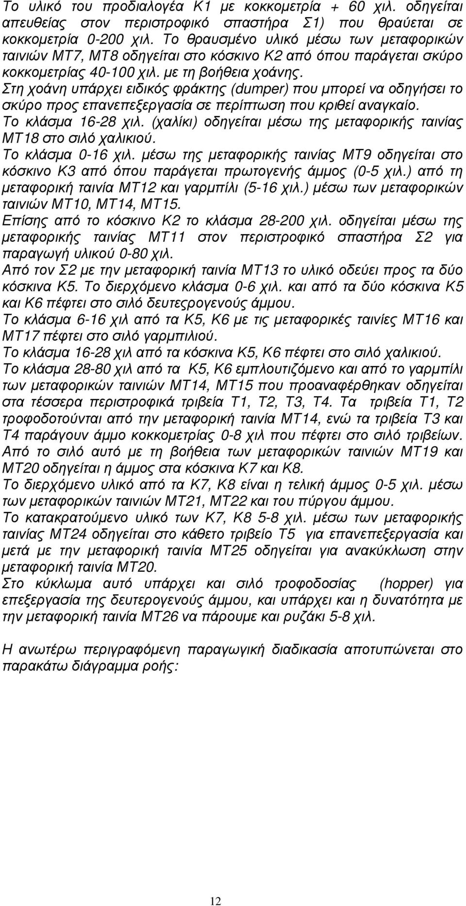 Στη χοάνη υπάρχει ειδικός φράκτης (dumper) που µπορεί να οδηγήσει το σκύρο προς επανεπεξεργασία σε περίπτωση που κριθεί αναγκαίο. Το κλάσµα 16-28 χιλ.