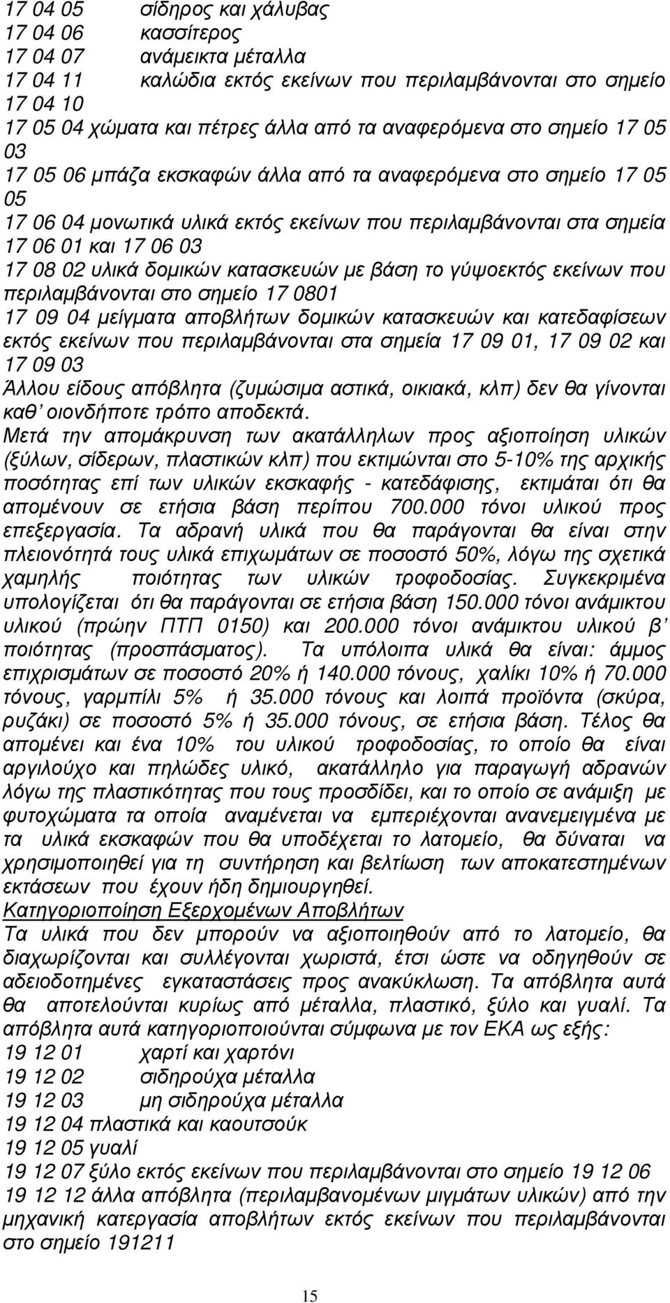 δοµικών κατασκευών µε βάση το γύψοεκτός εκείνων που περιλαµβάνονται στο σηµείο 17 0801 17 09 04 µείγµατα αποβλήτων δοµικών κατασκευών και κατεδαφίσεων εκτός εκείνων που περιλαµβάνονται στα σηµεία 17