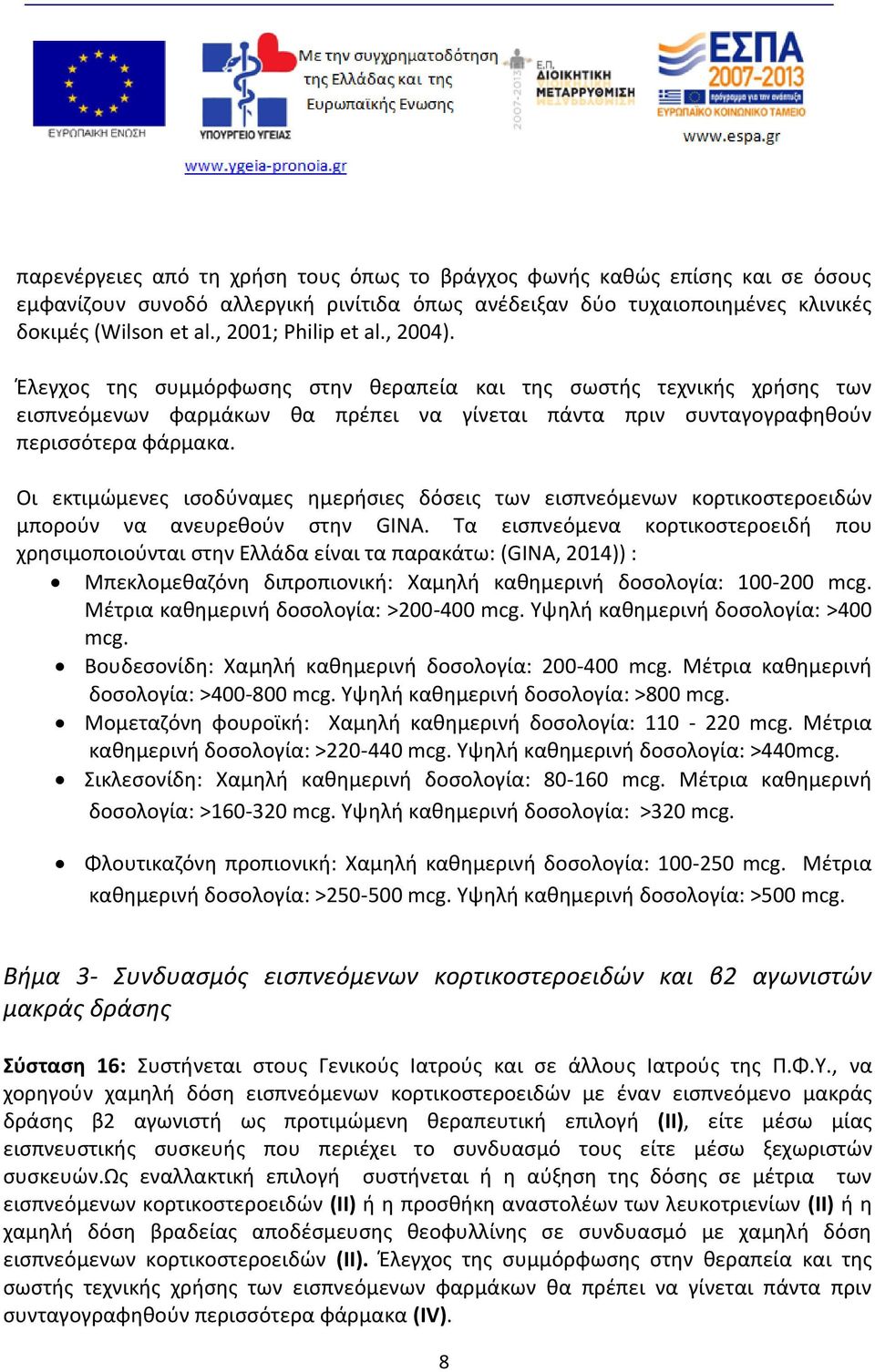 Οι εκτιμώμενες ισοδύναμες ημερήσιες δόσεις των εισπνεόμενων κορτικοστεροειδών μπορούν να ανευρεθούν στην GINA.