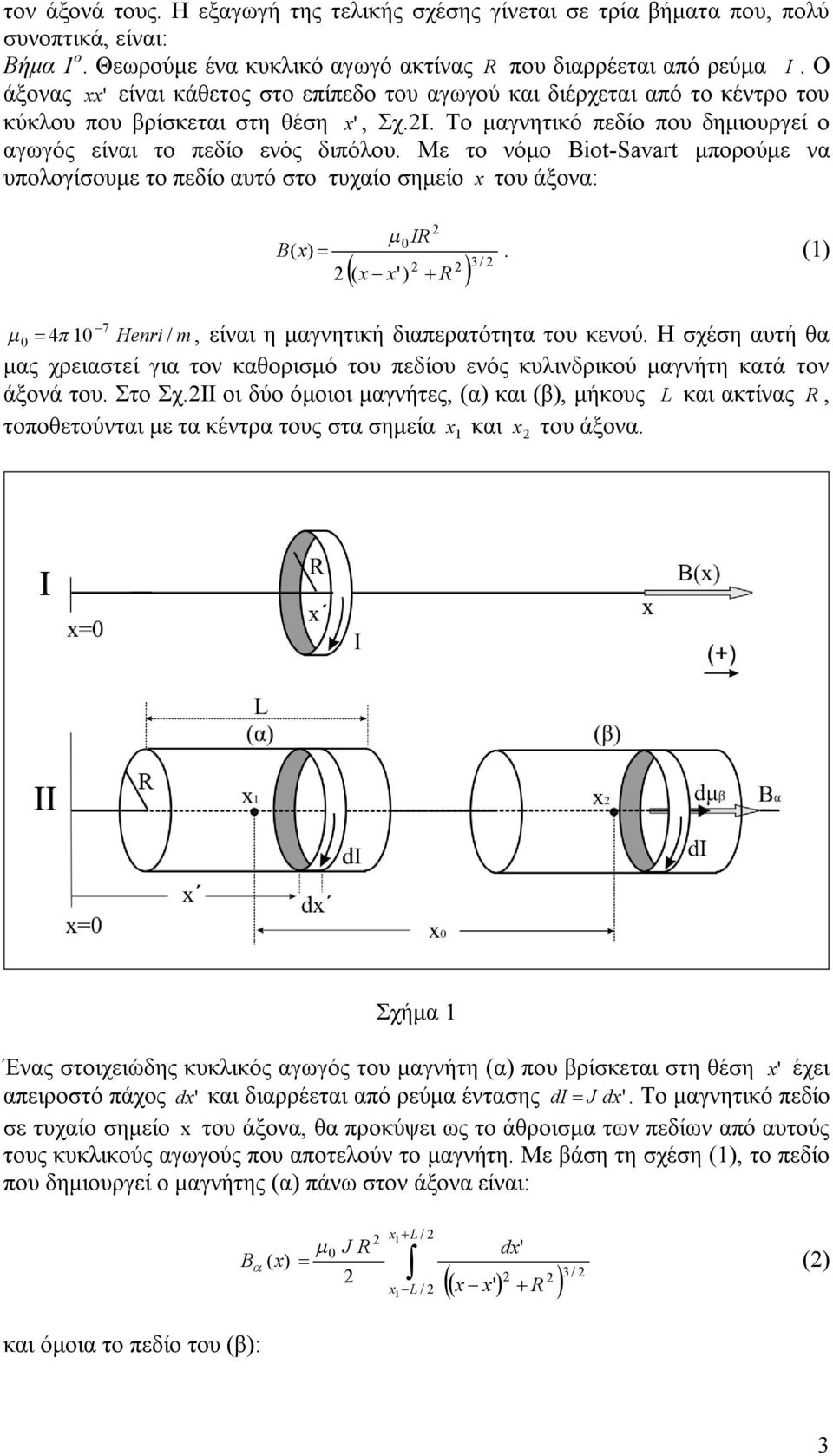 Με το νόμο Biot-Savart μπορούμε να υπολογίσουμε το πεδίο αυτό στο τυχαίο σημείο x του άξονα: B( x) IR 3/ ( x x' ) R. (1) 7 4 1 Henri / m, είναι η μαγνητική διαπερατότητα του κενού.