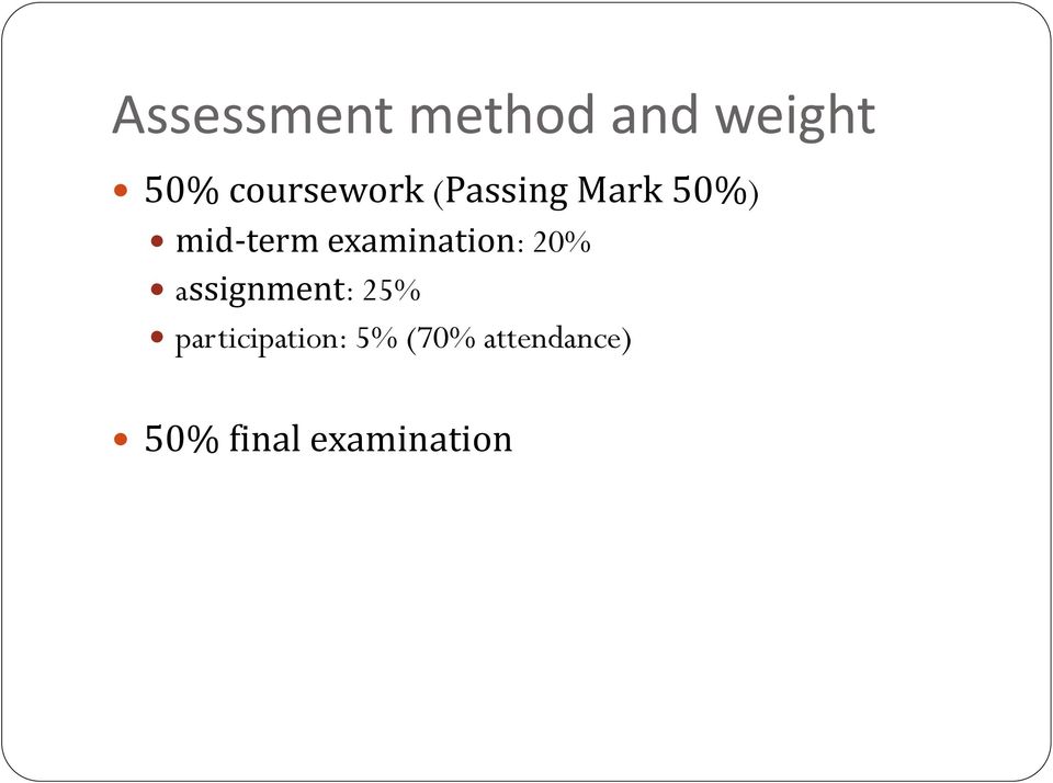 examination: 20% assignment: 25%