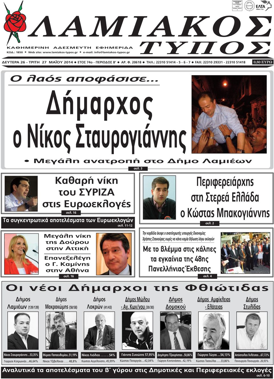 .. ήµαρχος ο Νίκος Σταυρογιάννης ήµος Λαµιέων (139/139) Μεγάλη ανατροπή στο ήµο Λαµιέων Καθαρή νίκη του ΣΥΡΙΖΑ στις Ευρωεκλογές σελ. 16 Tα συγκεντρωτικά αποτελέσµατα των Ευρωεκλογών σελ.