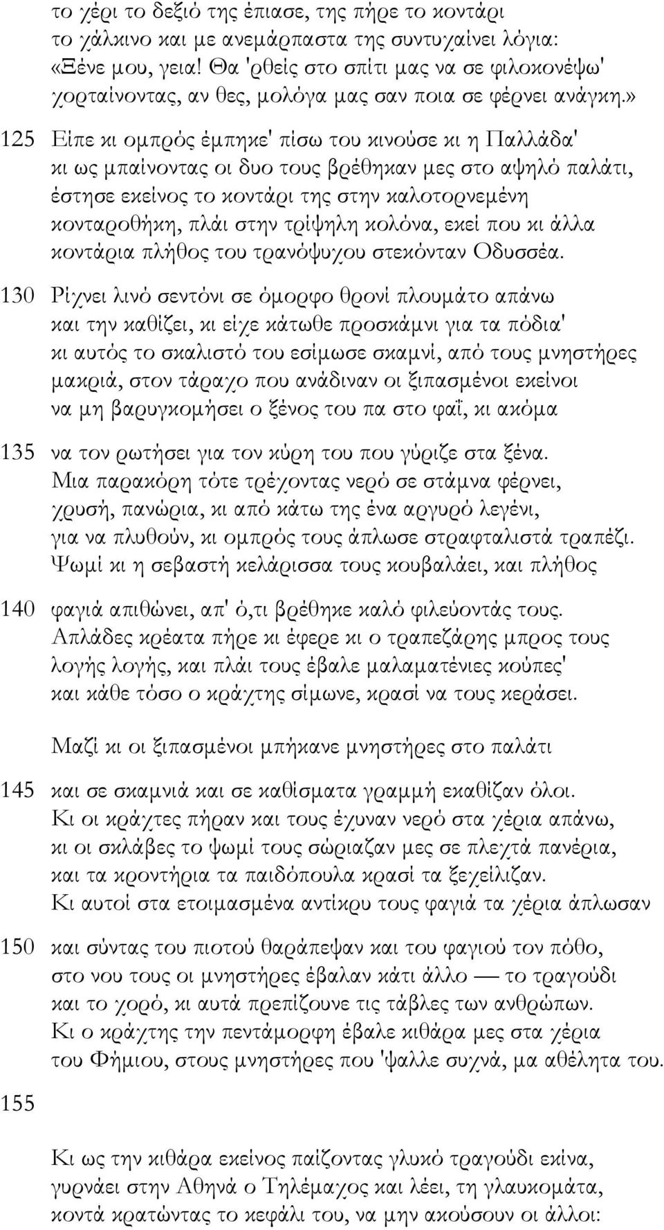 » 125 Είπε κι οµπρός έµπηκε' πίσω του κινούσε κι η Παλλάδα' κι ως µπαίνοντας οι δυο τους βρέθηκαν µες στο αψηλό παλάτι, έστησε εκείνος το κοντάρι της στην καλοτορνεµένη κονταροθήκη, πλάι στην τρίψηλη