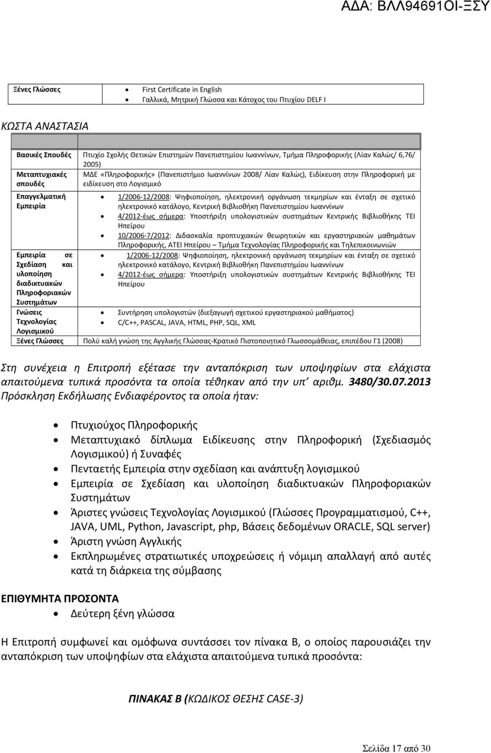 1/2006 12/2008: Ψηφιοποίηση, ηλεκτρονική οργάνωση τεκμηρίων και ένταξη σε σχετικό ηλεκτρονικό κατάλογο, Κεντρική Βιβλιοθήκη Πανεπιστημίου Ιωαννίνων 4/2012 έως σήμερα: Υποστήριξη υπολογιστικών