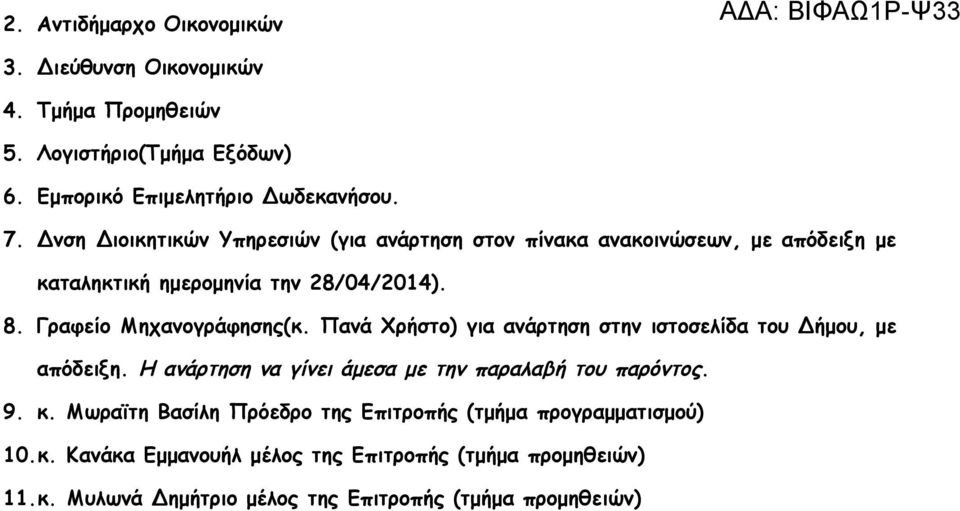 Πανά Χρήστο) για ανάρτηση στην ιστοσελίδα του Δήμου, με απόδειξη. Η ανάρτηση να γίνει άμεσα με την παραλαβή του παρόντος. 9. κ.