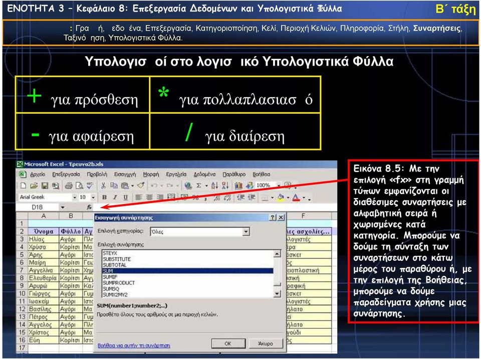 5: Με την επιλογή «fx» στη γραμμή τύπων εμφανίζονται οι διαθέσιμες συναρτήσεις με αλφαβητική σειρά ή