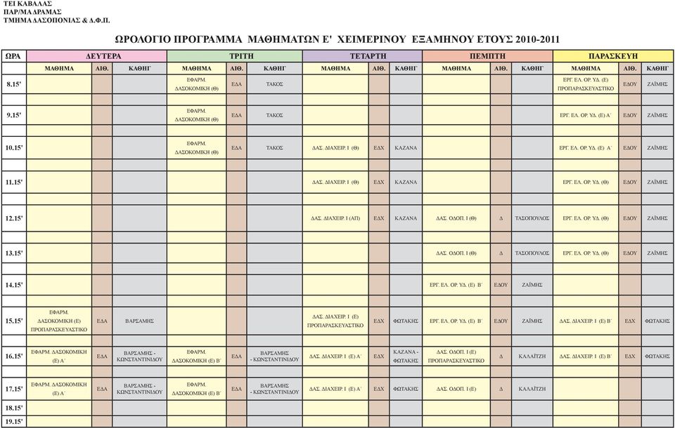 ΟΔΟΠ. Ι Δ ΤΣΟΠΟΥΛΟΣ ΕΡΓ. ΕΛ. ΟΡ. ΥΔ. ΖΪΜΗΣ ΔΣ. ΟΔΟΠ. Ι Δ ΤΣΟΠΟΥΛΟΣ ΕΡΓ. ΕΛ. ΟΡ. ΥΔ. ΖΪΜΗΣ 14.15' ΕΡΓ. ΕΛ. ΟΡ. ΥΔ. (Ε) Β ΖΪΜΗΣ ΕΦΡΜ. ΔΣΟΚΟΜΙΚΗ (Ε) ΕΔ ΒΡΣΜΗΣ ΔΣ. ΔΙΧΕΙΡ. Ι (Ε) ΕΔΧ ΦΩΤΚΗΣ ΕΡΓ. ΕΛ. ΟΡ. ΥΔ. (Ε) Β ΖΪΜΗΣ ΔΣ.