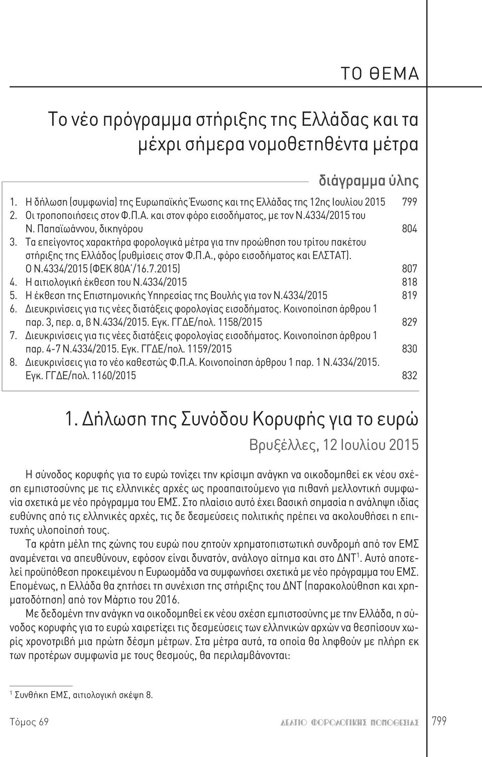 Τα επείγοντος χαρακτήρα φορολογικά μέτρα για την προώθηση του τρίτου πακέτου στήριξης της Ελλάδος (ρυθμίσεις στον Φ.Π.Α., φόρο εισοδήματος και ΕΛΣΤΑΤ). Ο Ν.4334/2015 (ΦΕΚ 80Α /16.7.2015) 807 4.