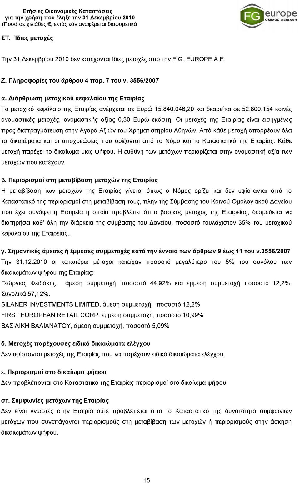 154 κοινές ονομαστικές μετοχές, ονομαστικής αξίας 0,30 Ευρώ εκάστη. Οι μετοχές της Εταιρίας είναι εισηγμένες προς διαπραγμάτευση στην Αγορά Αξιών του Χρηματιστηρίου Αθηνών.