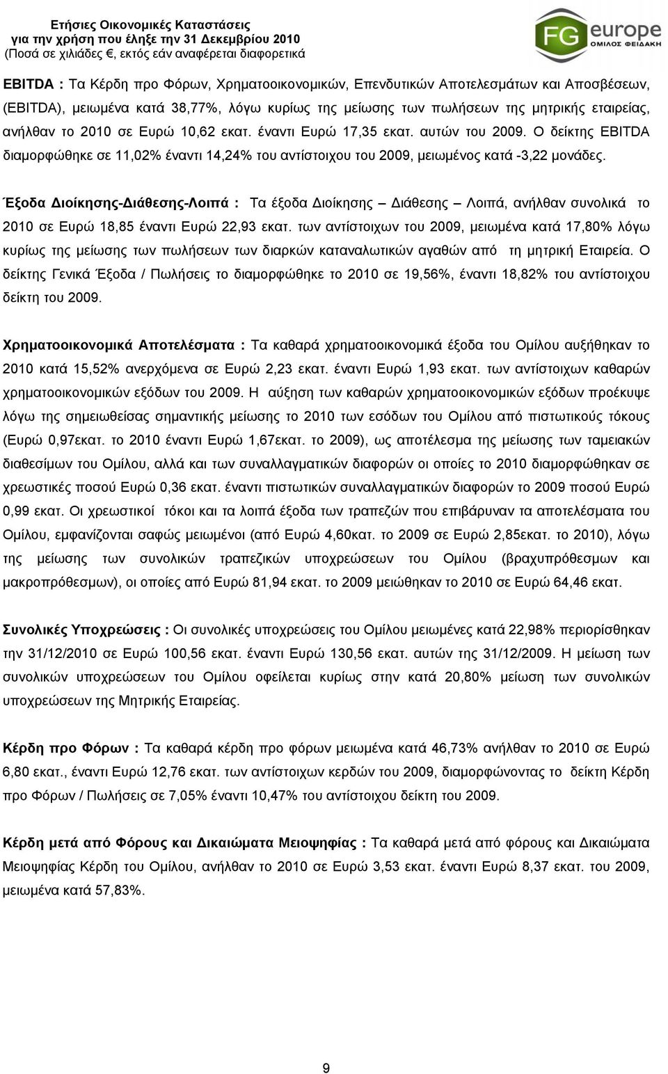 Ο δείκτης EBITDA διαμορφώθηκε σε 11,02% έναντι 14,24% του αντίστοιχου του 2009, μειωμένος κατά -3,22 μονάδες.